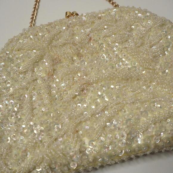 VTG Ivory Beaded Evening Bag Clutch Hand Made Vintage Bridal Glamor Retro Gold - Picture 3 of 9
